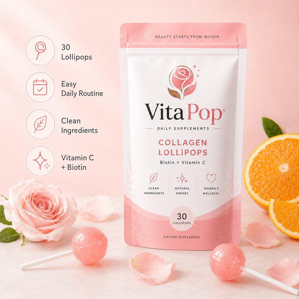 VitaPop collagen lollipops pouch - one-a-day marine collagen sweets, UK-made