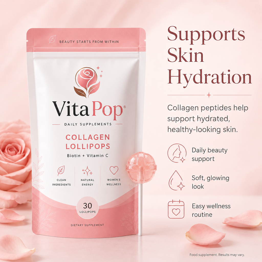 VitaPop peach collagen lollipops with marine collagen and hyaluronic acid for skin hydration