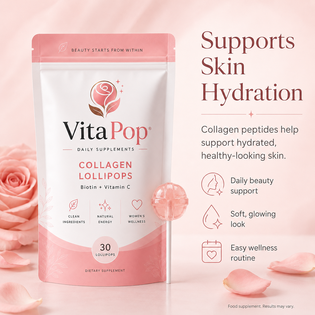 VitaPop peach collagen lollipops with marine collagen and hyaluronic acid for skin hydration