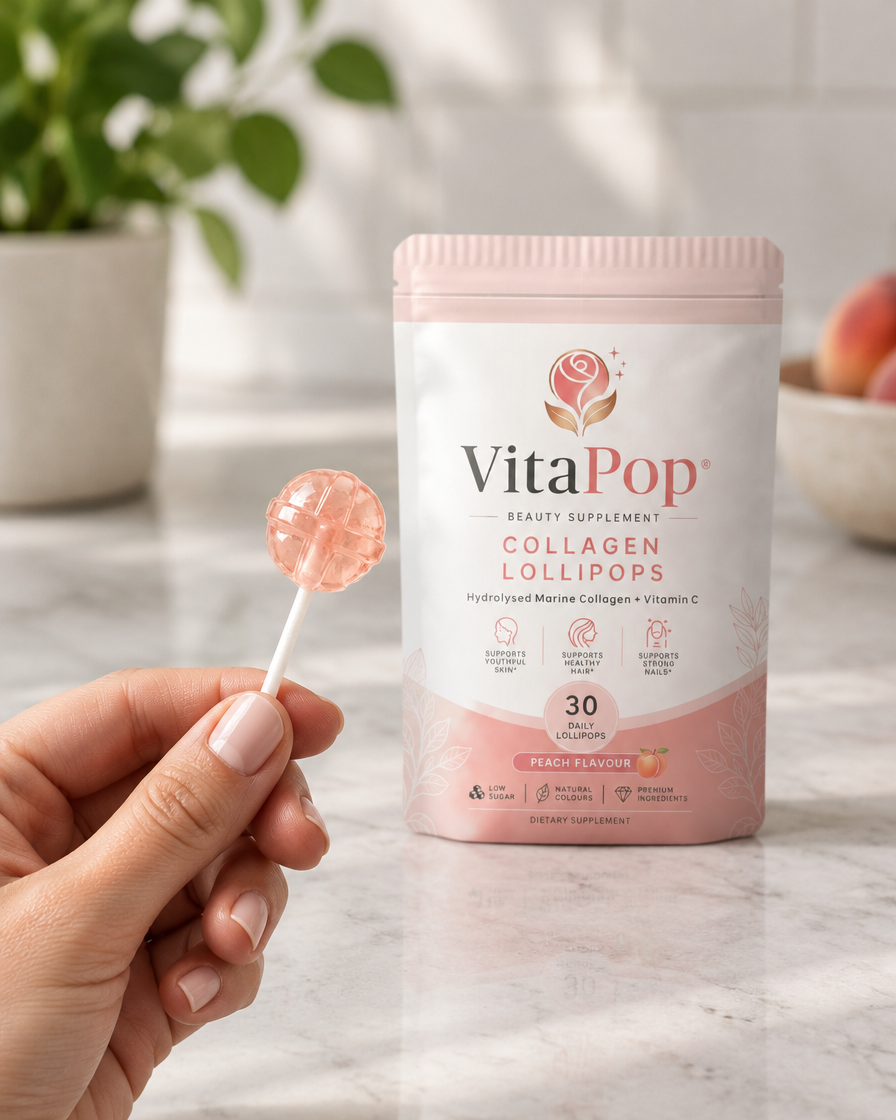Hand holding a VitaPop peach collagen lollipop in front of the pouch
