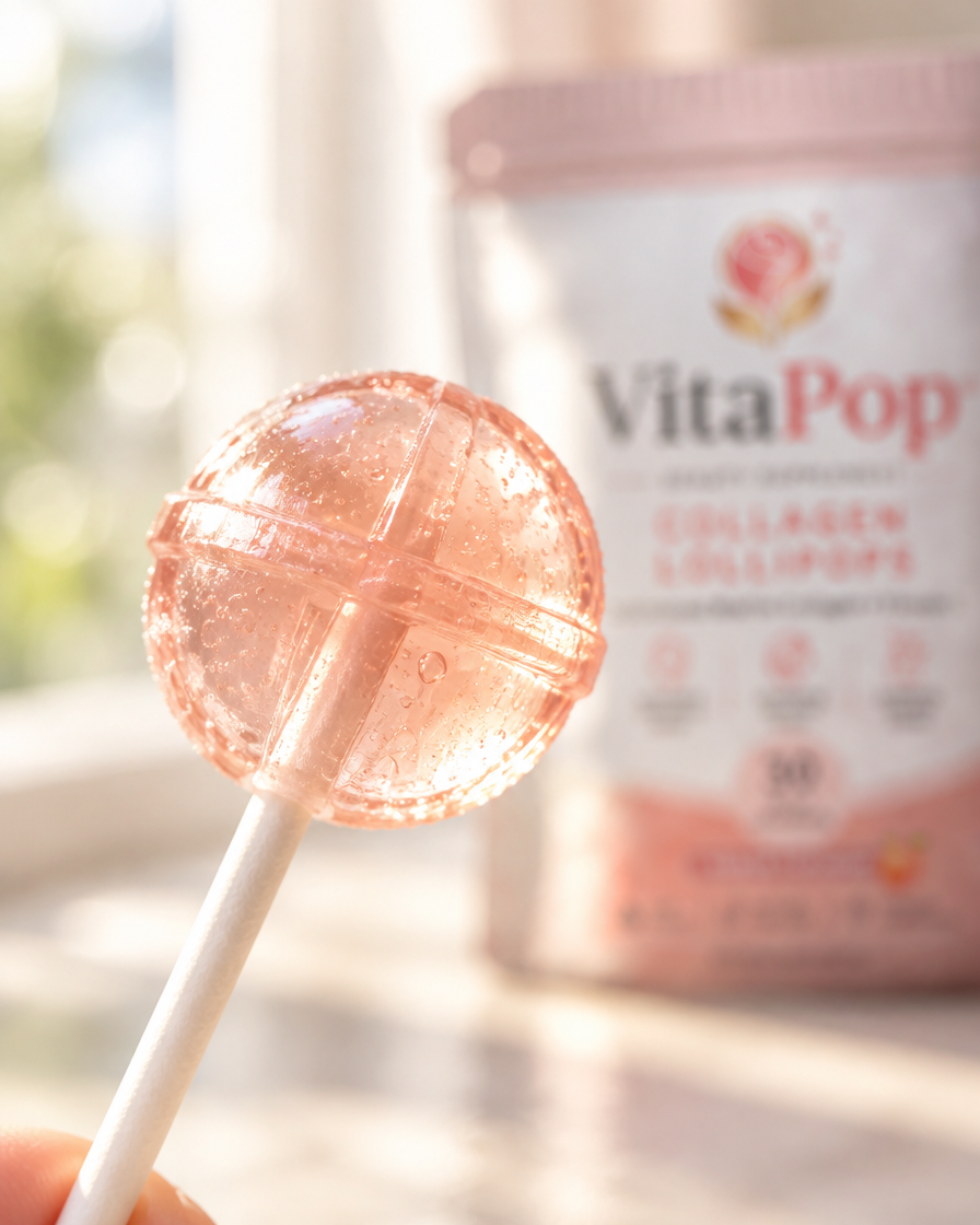 Close-up of a translucent peach VitaPop collagen lollipop in sunlight
