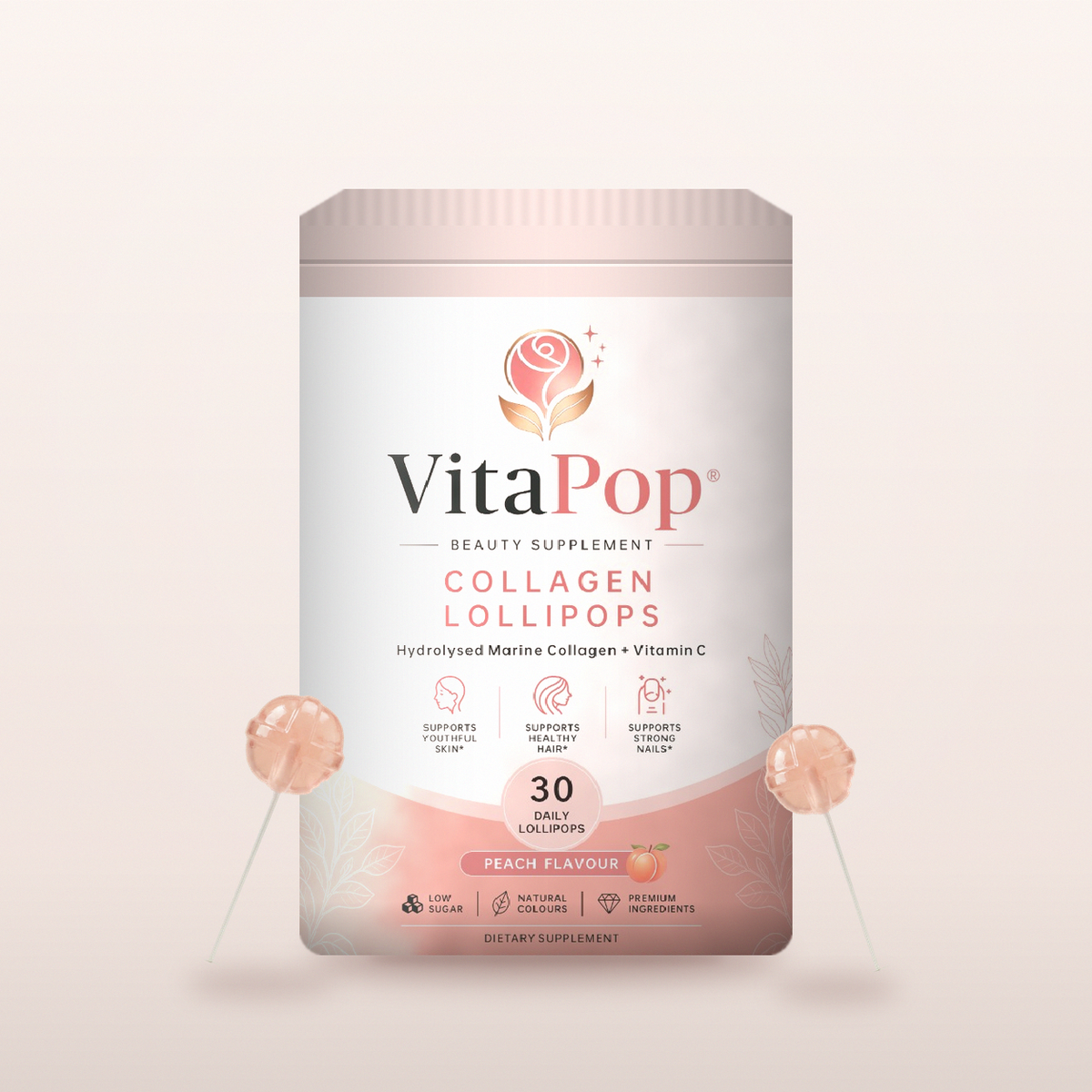 VitaPop Collagen Lollipops - hydrolysed marine collagen and vitamin C, 30 lollipops, peach flavour