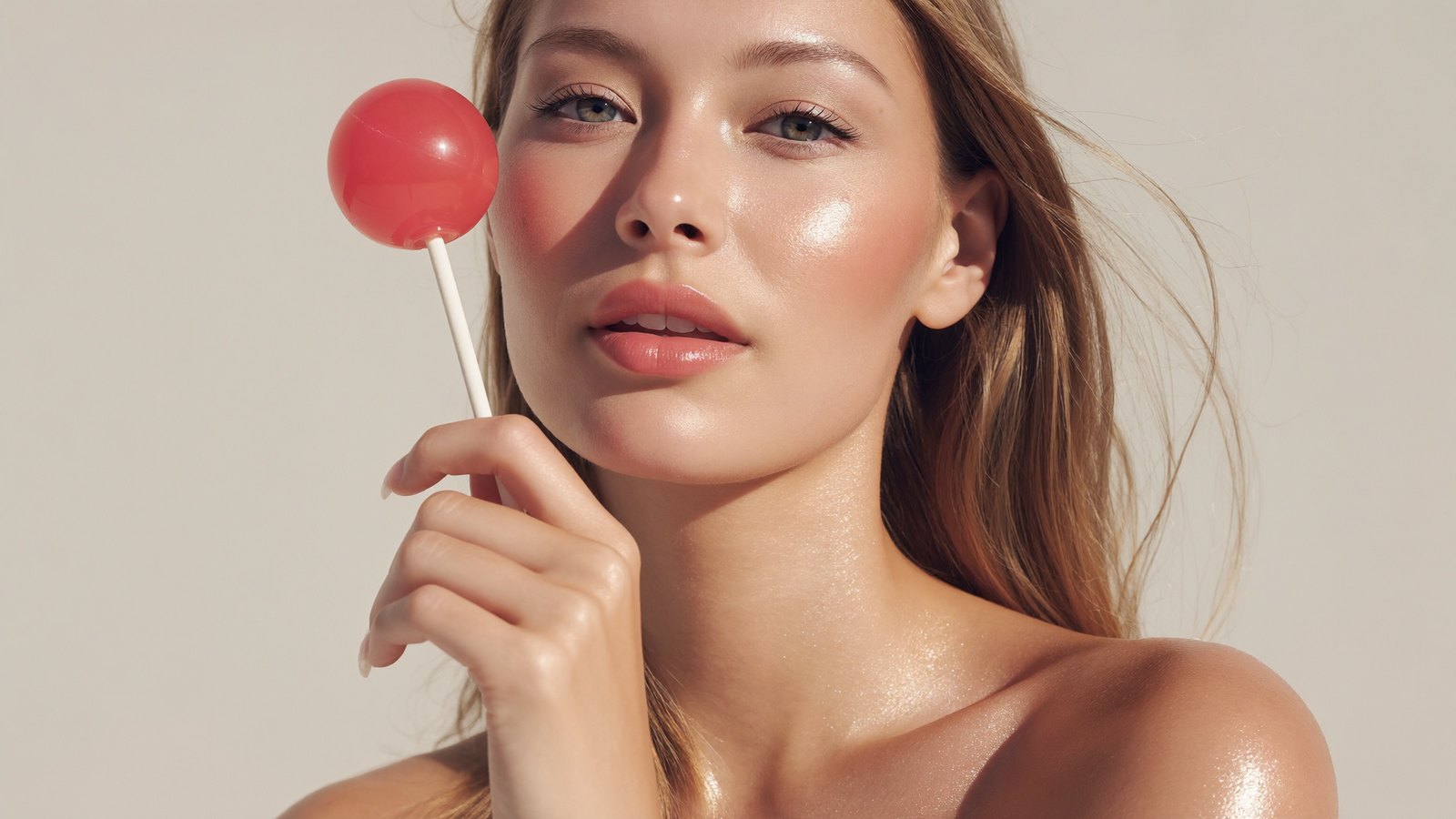 Woman with glowing skin holding a VitaPop collagen lollipop