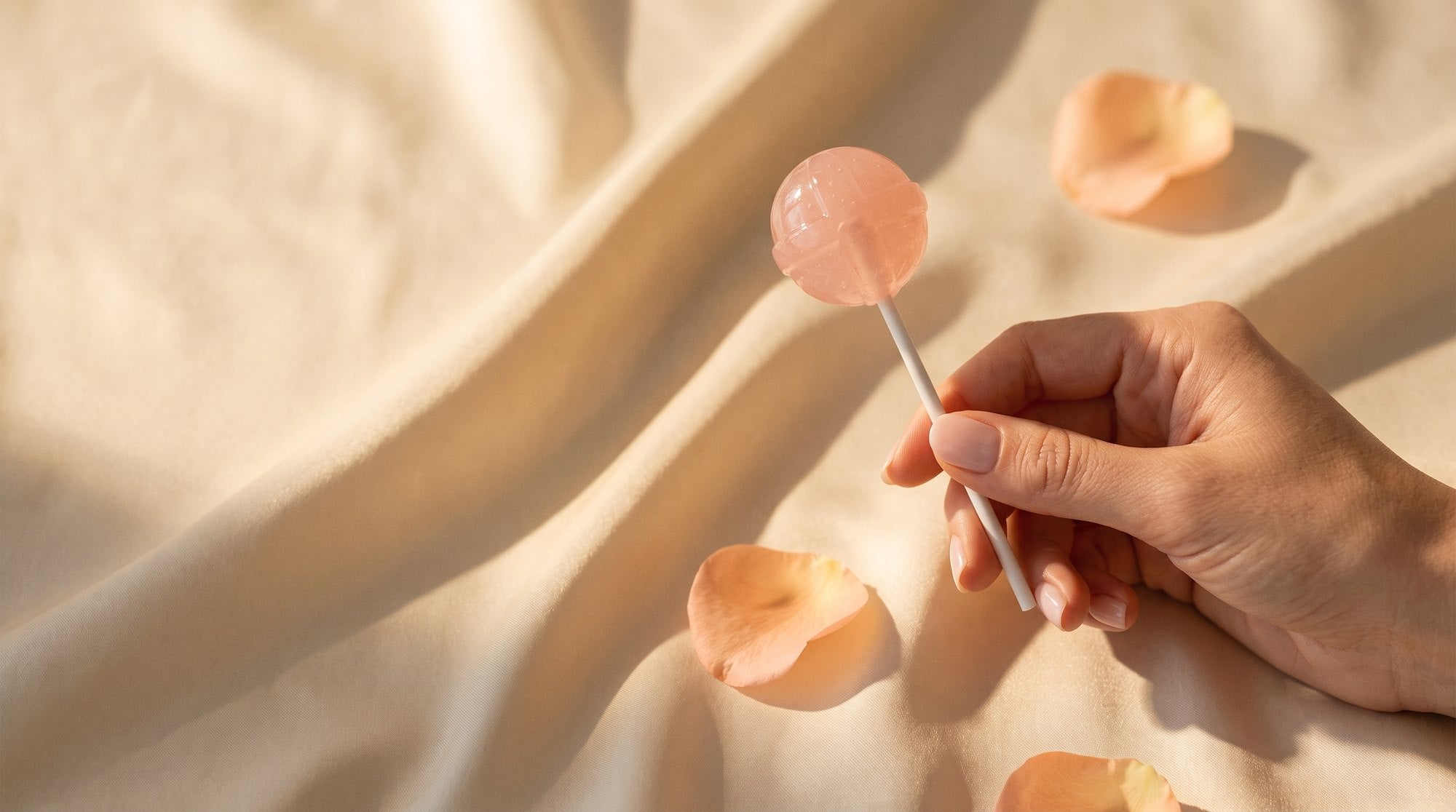 A VitaPop collagen lollipop held against cream silk with rose petals