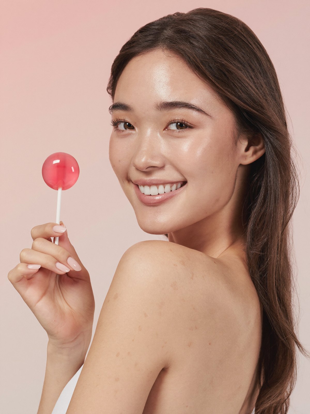 Young woman holding a VitaPop collagen lollipop