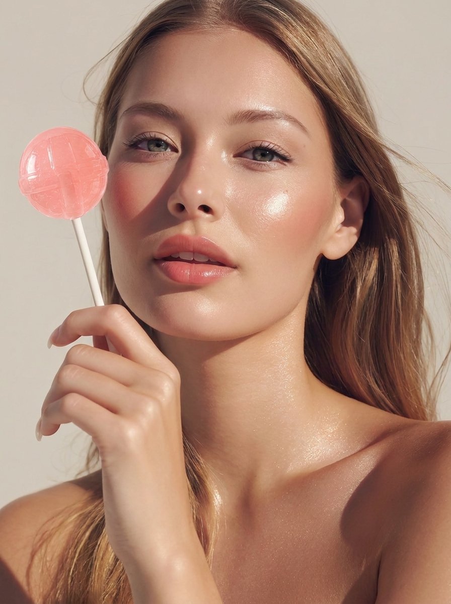 Woman with glowing skin holding a VitaPop collagen lollipop
